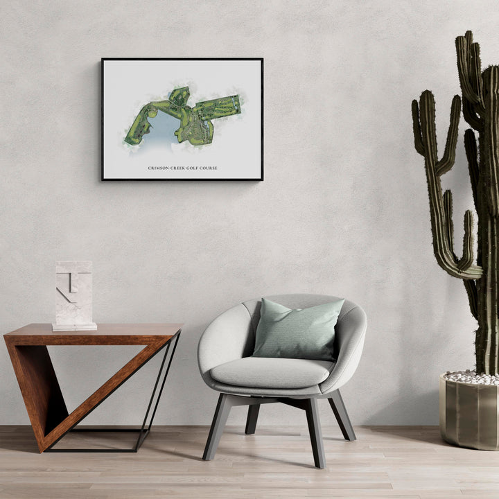 Classic Map of Crimson Creek Golf Course in a living room with large cactus plant