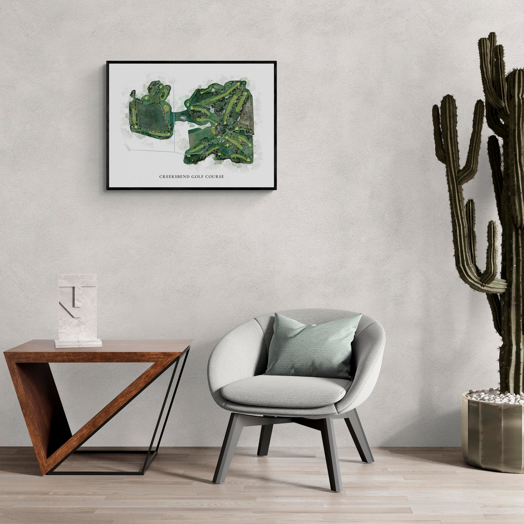 Classic Map of Creeksbend Golf Course in a living room with large cactus plant