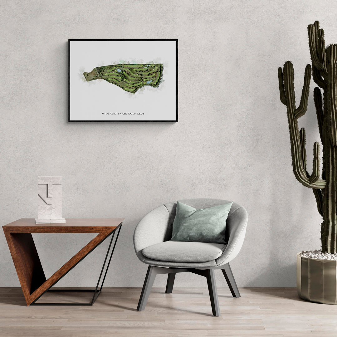 Classic Map of Midland Trail Golf Club in a living room with large cactus plant