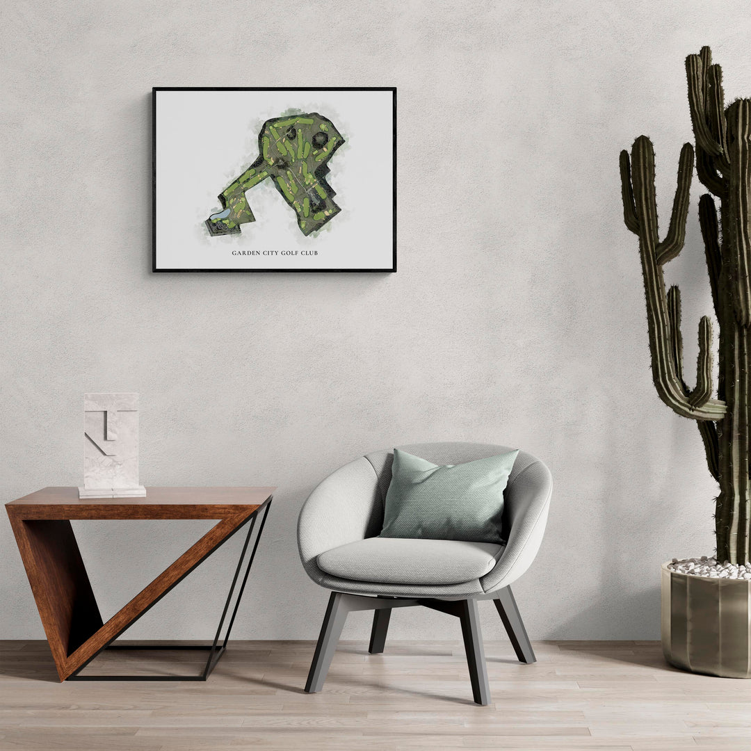 Classic Map of Garden City Golf Club in a living room with large cactus plant