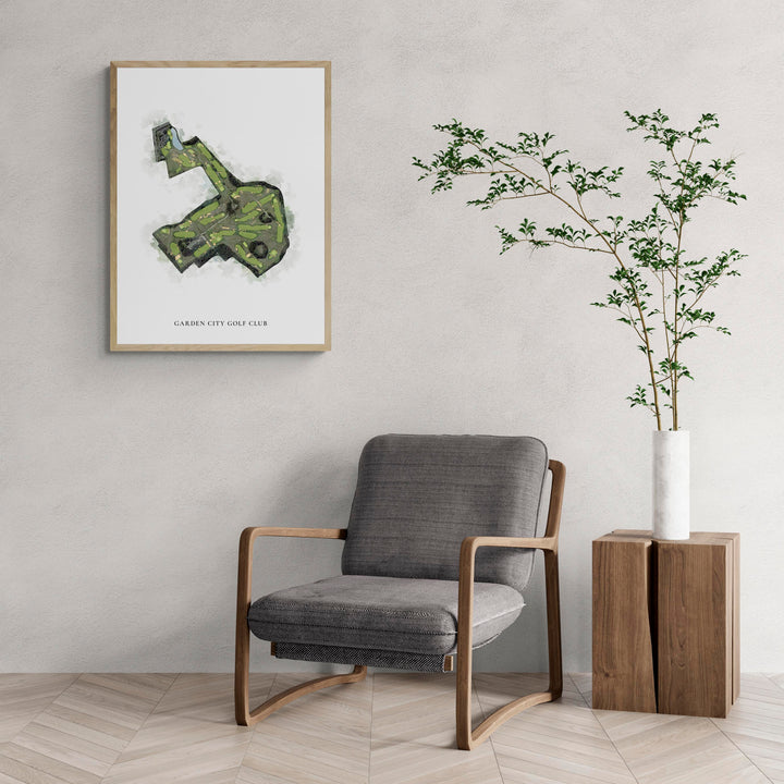 Classic Map of Garden City Golf Club with a comfy armchair and large plant