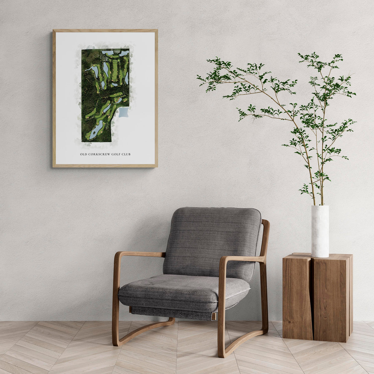 Classic Map of Old Corkscrew Golf Club with a comfy armchair and large plant