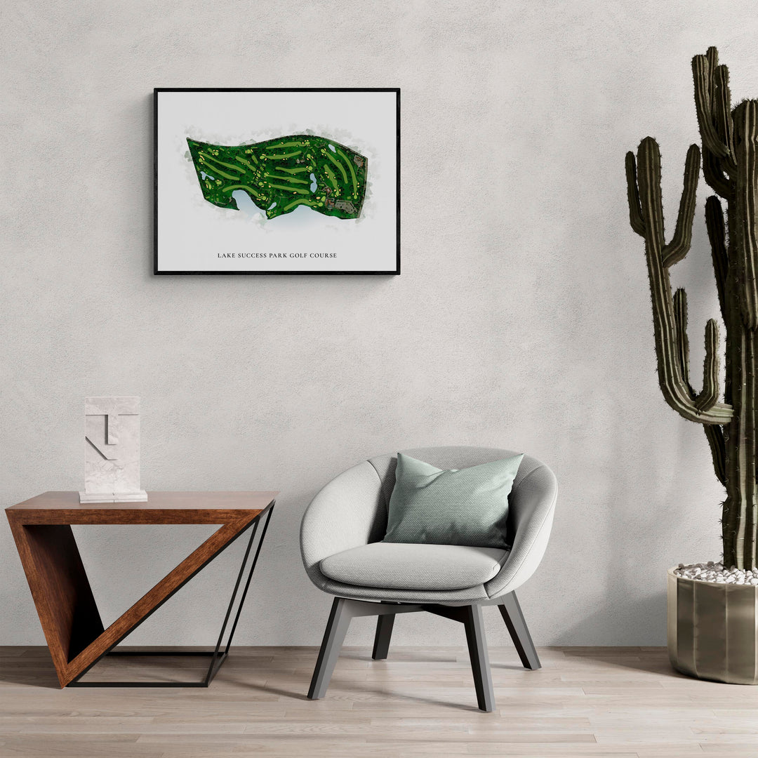 Classic Map of Lake Success Park Golf Course in a living room with large cactus plant