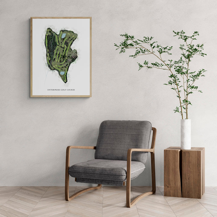 Classic Map of Enterprise Golf Course with a comfy armchair and large plant