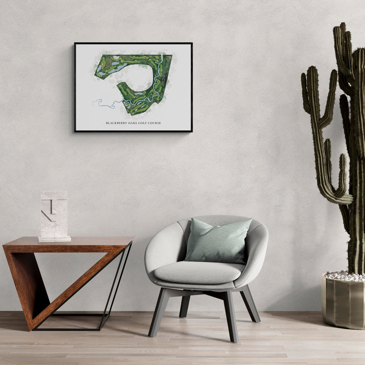 Classic Map of Blackberry Oaks Golf Course in a living room with large cactus plant