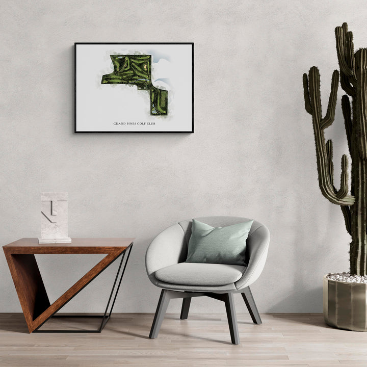 Classic Map of Grand Pines Golf Club in a living room with large cactus plant