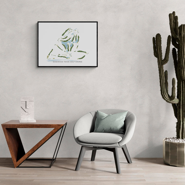 Modern Map of Edgewood Tahoe Golf Course in a living room with large cactus plant