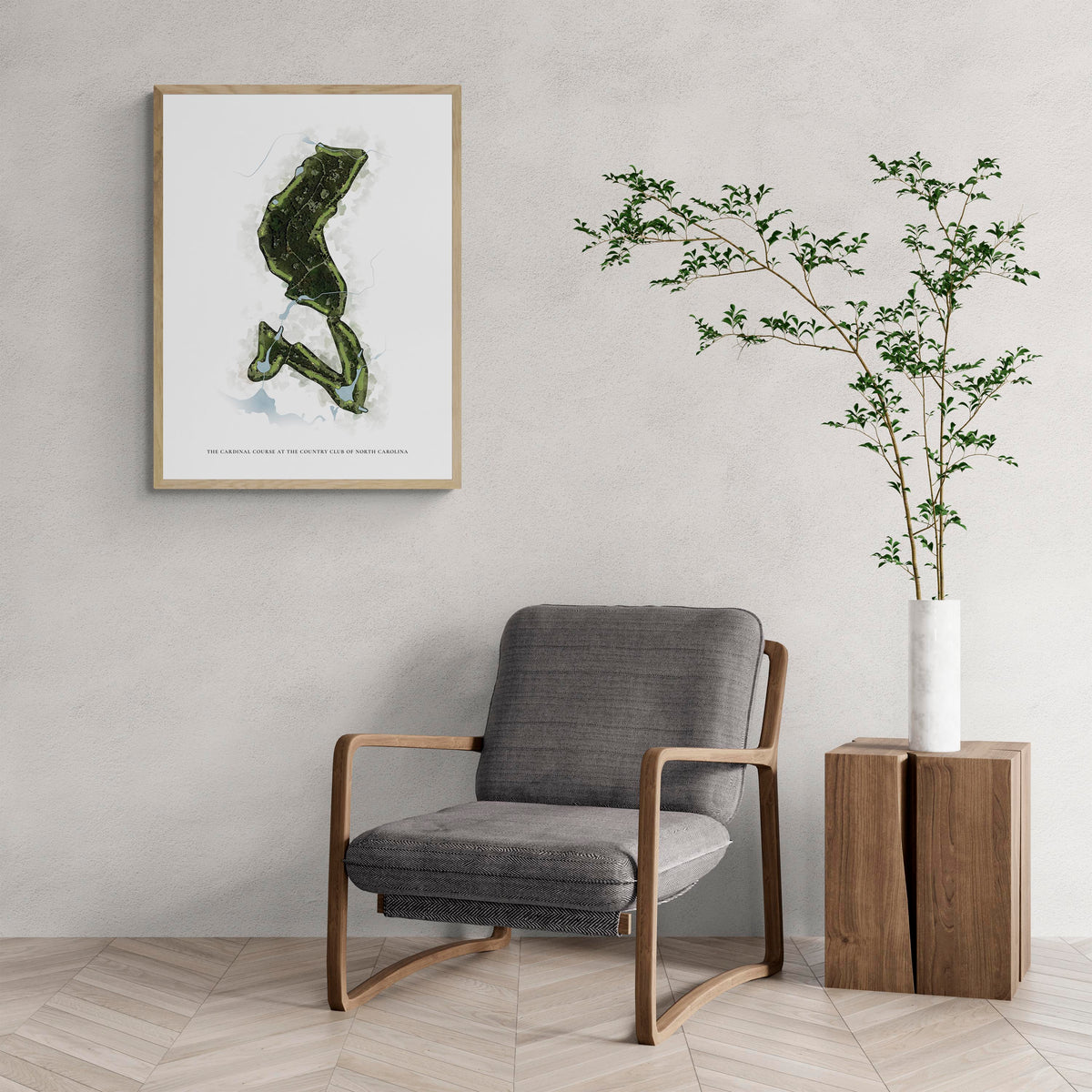 Classic Map of The Cardinal Course At The Country Club Of North Carolina with a comfy armchair and large plant