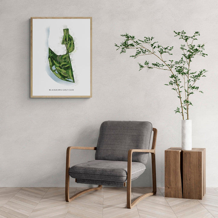 Classic Map of Blackhawk Golf Club with a comfy armchair and large plant