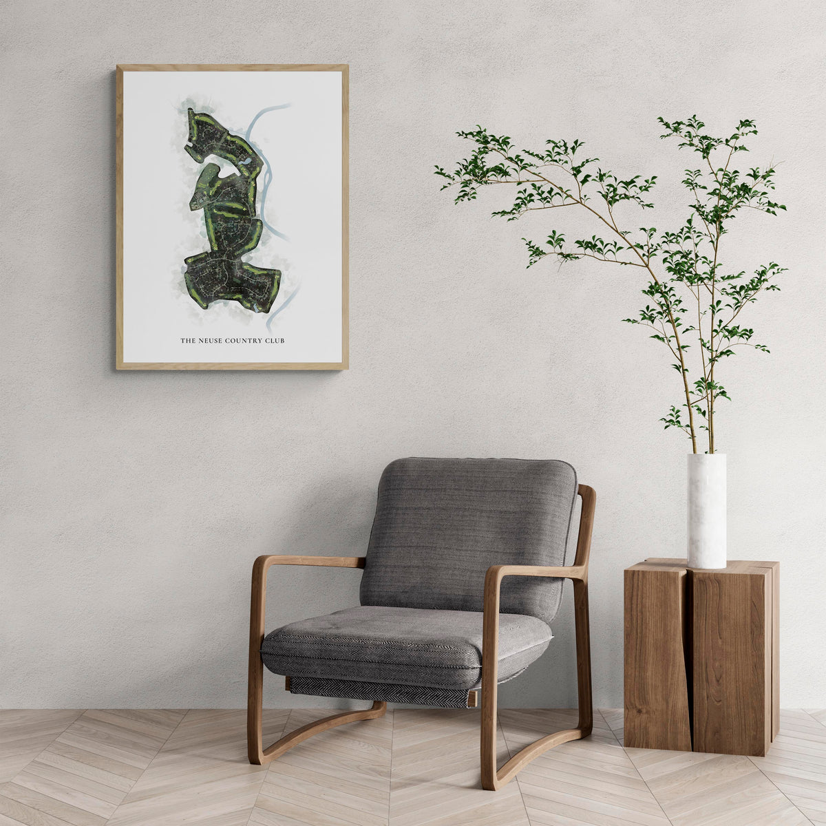 Classic Map of The Neuse Country Club with a comfy armchair and large plant
