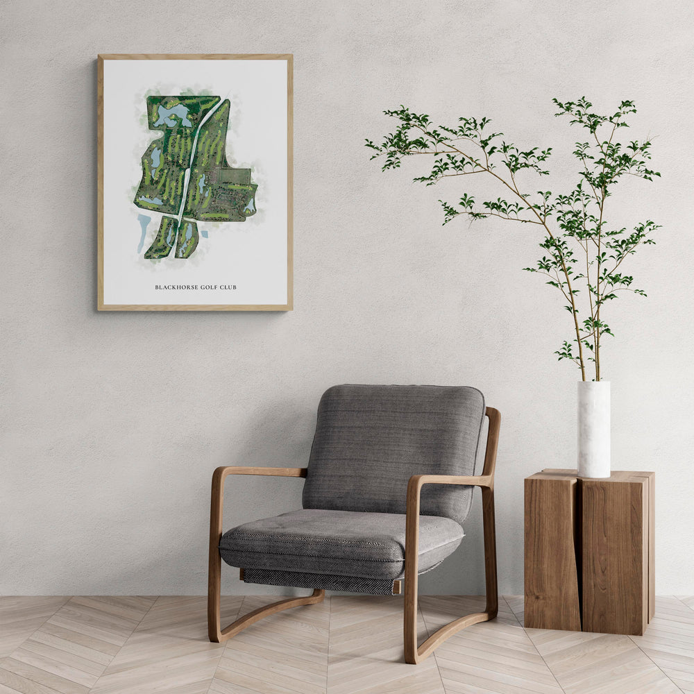 Classic Map of Blackhorse Golf Club with a comfy armchair and large plant