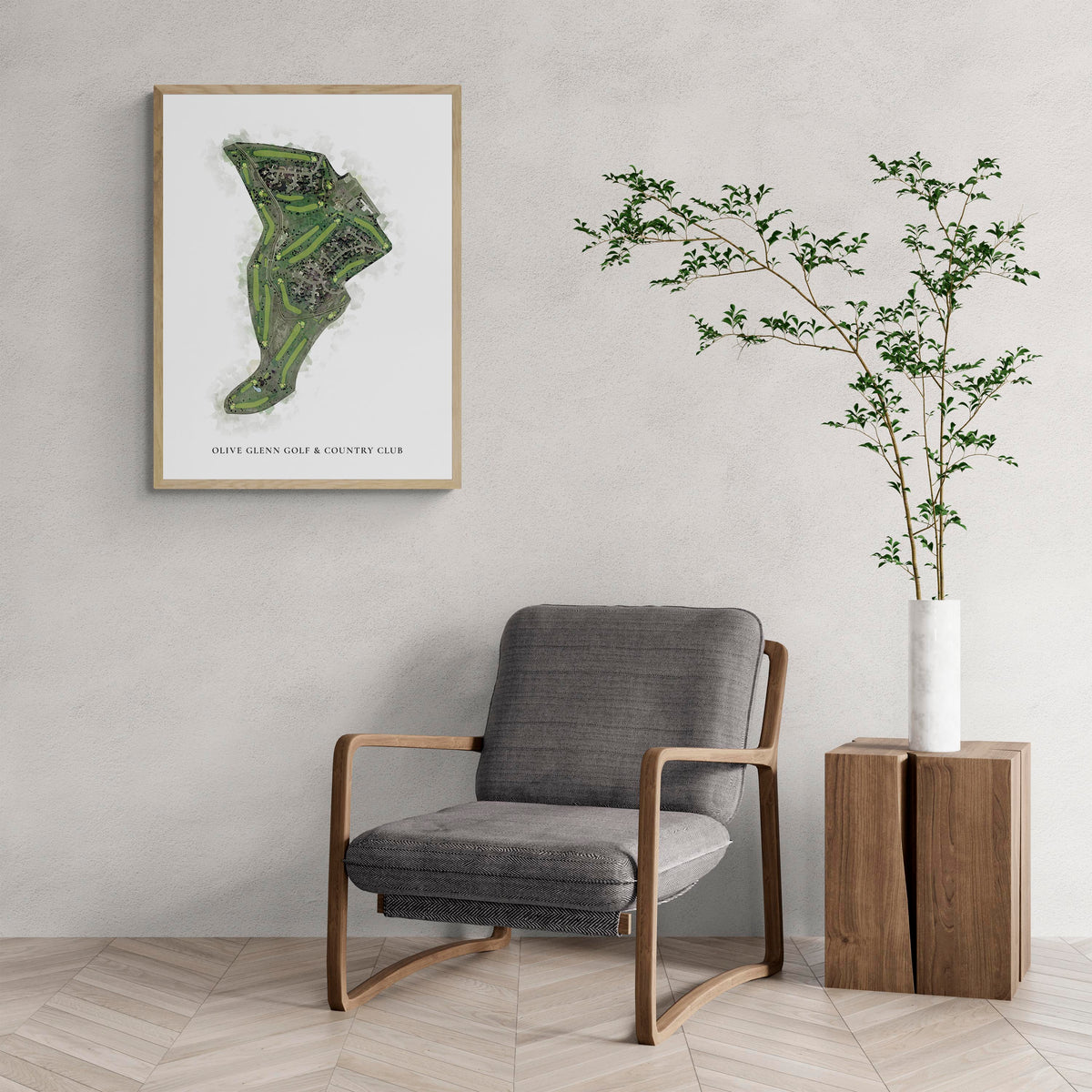 Classic Map of Olive Glenn Golf & Country Club with a comfy armchair and large plant