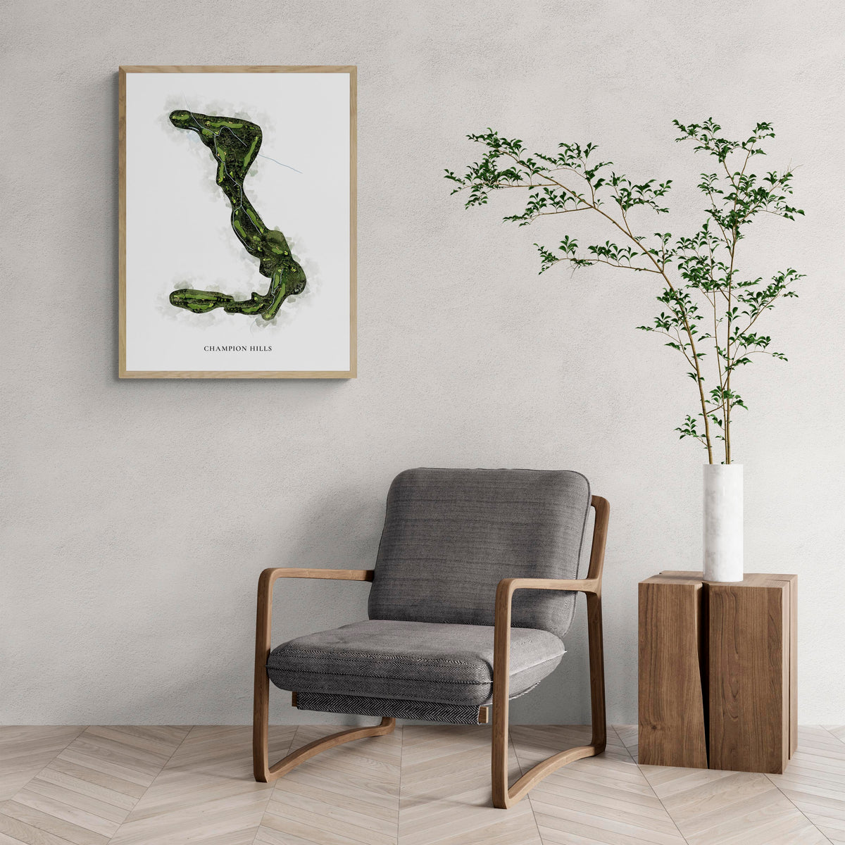 Classic Map of Champion Hills with a comfy armchair and large plant
