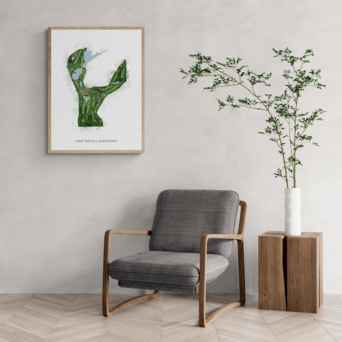 Classic Map of Golf Royal Laurentien with a comfy armchair and large plant