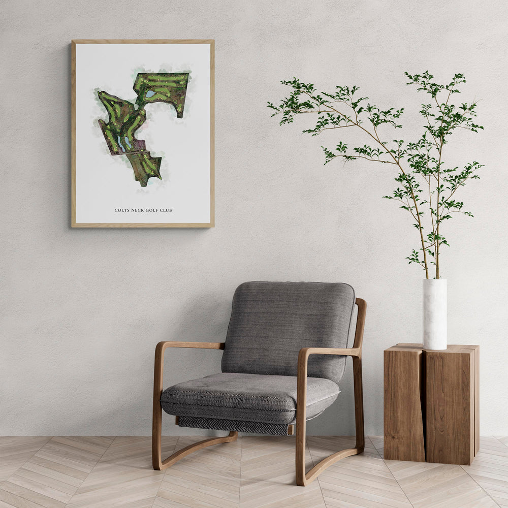 Classic Map of Colts Neck Golf Club with a comfy armchair and large plant