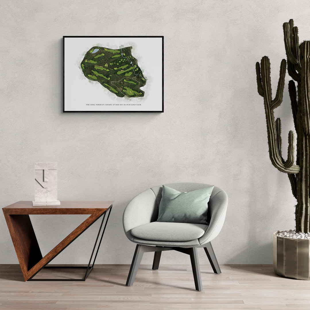 Classic Map of The Greg Norman Course At Red Sky Ranch Golf Club in a living room with large cactus plant