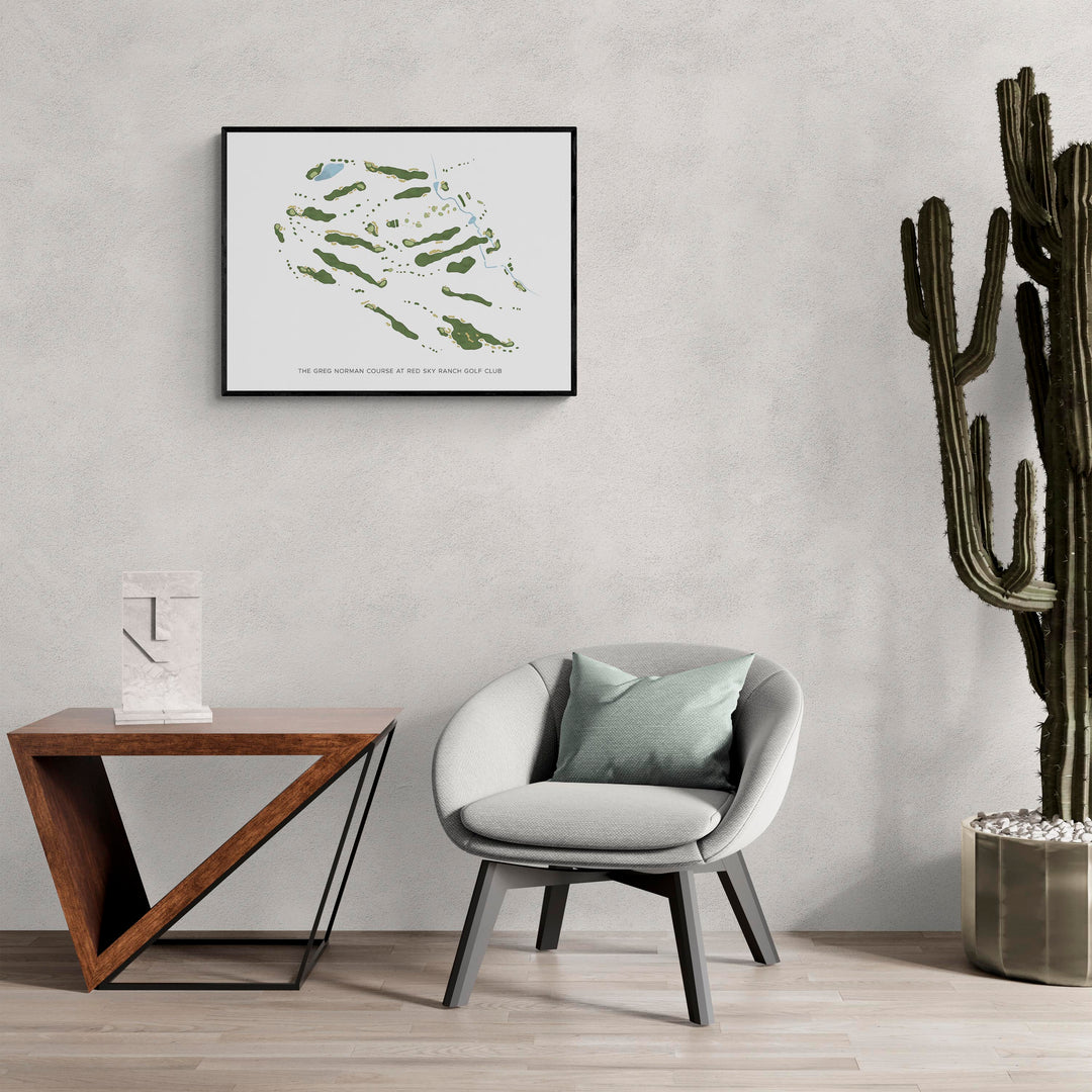 Modern Map of The Greg Norman Course At Red Sky Ranch Golf Club in a living room with large cactus plant