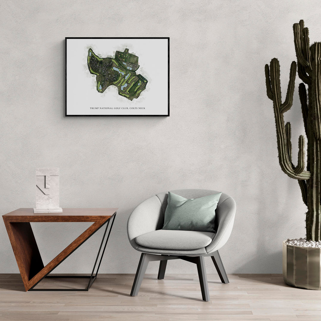 Classic Map of Trump National Golf Club, Colts Neck in a living room with large cactus plant