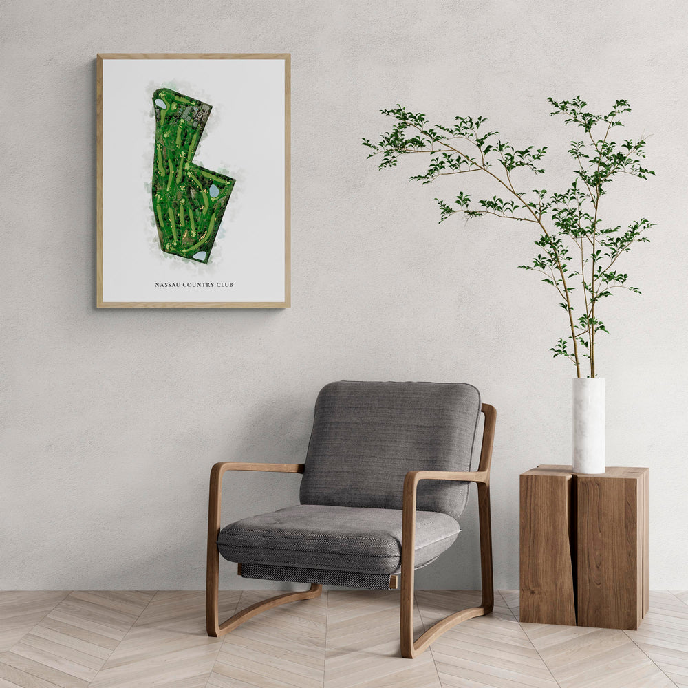 Classic Map of Nassau Country Club with a comfy armchair and large plant