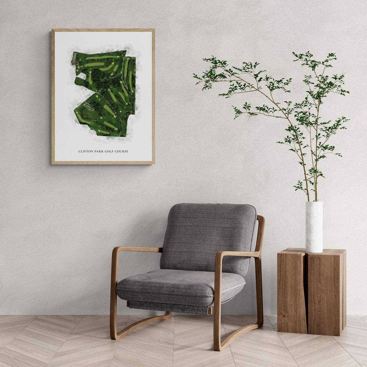 Classic Map of Clifton Park Golf Course with a comfy armchair and large plant