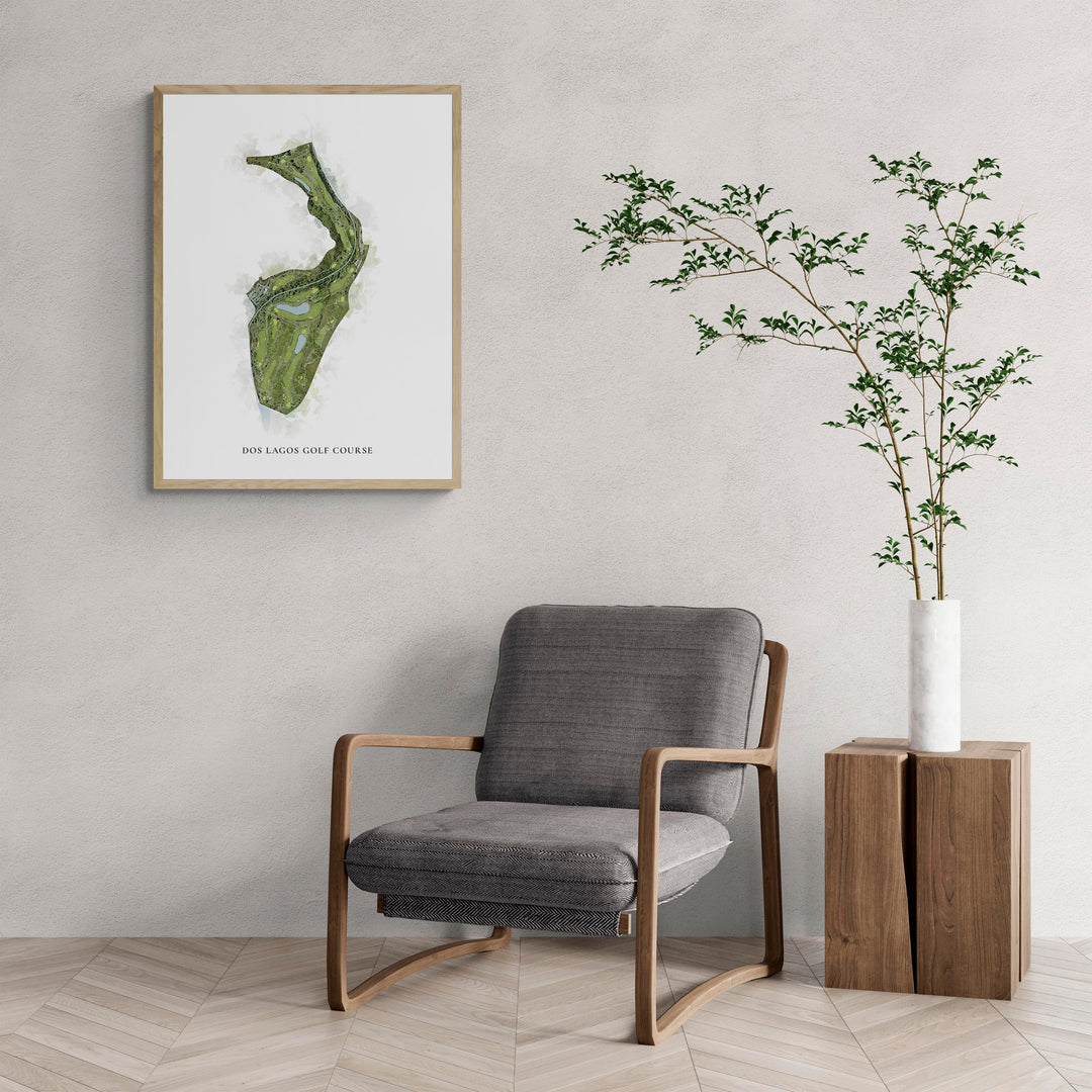 Classic Map of Dos Lagos Golf Course with a comfy armchair and large plant