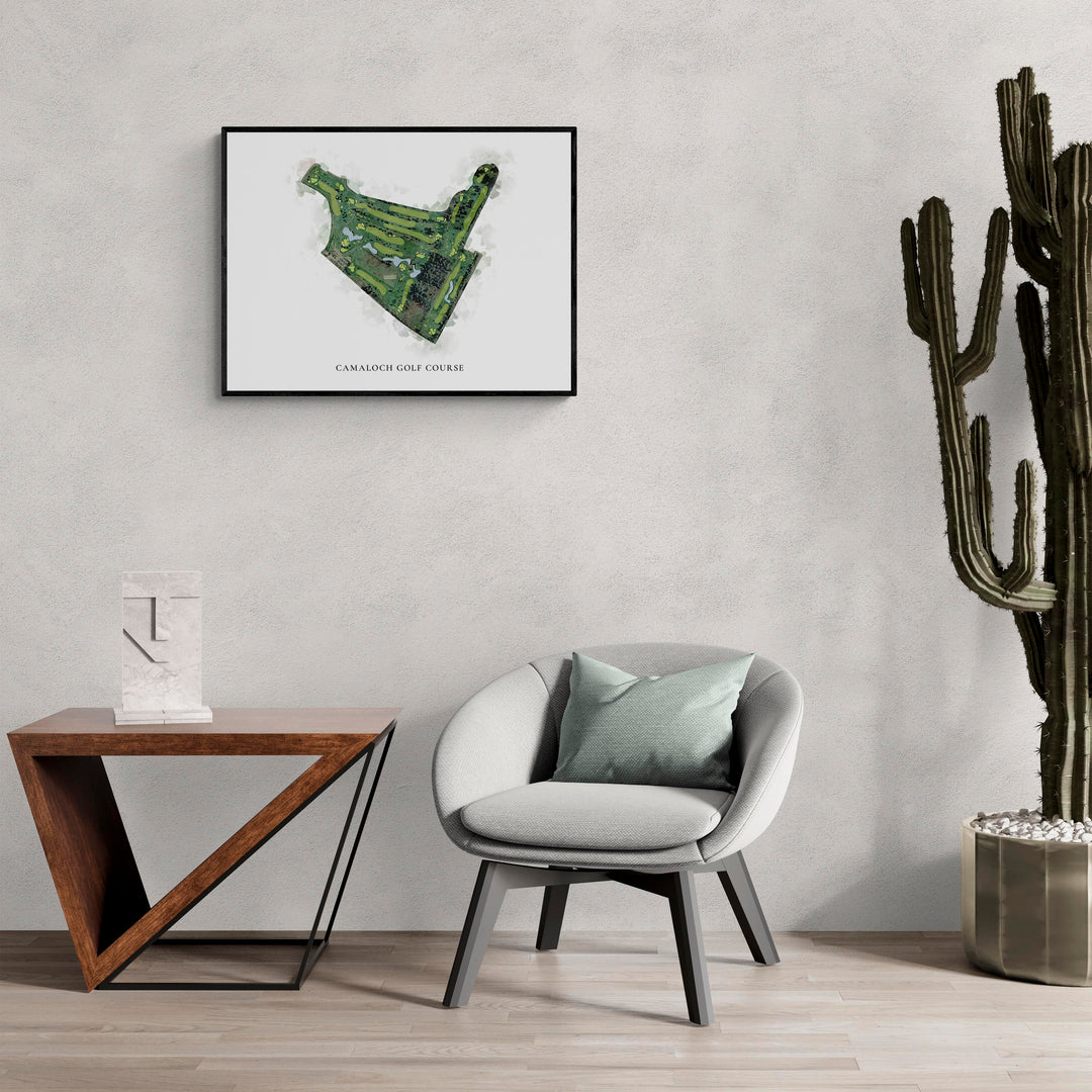 Classic Map of Camaloch Golf Course in a living room with large cactus plant