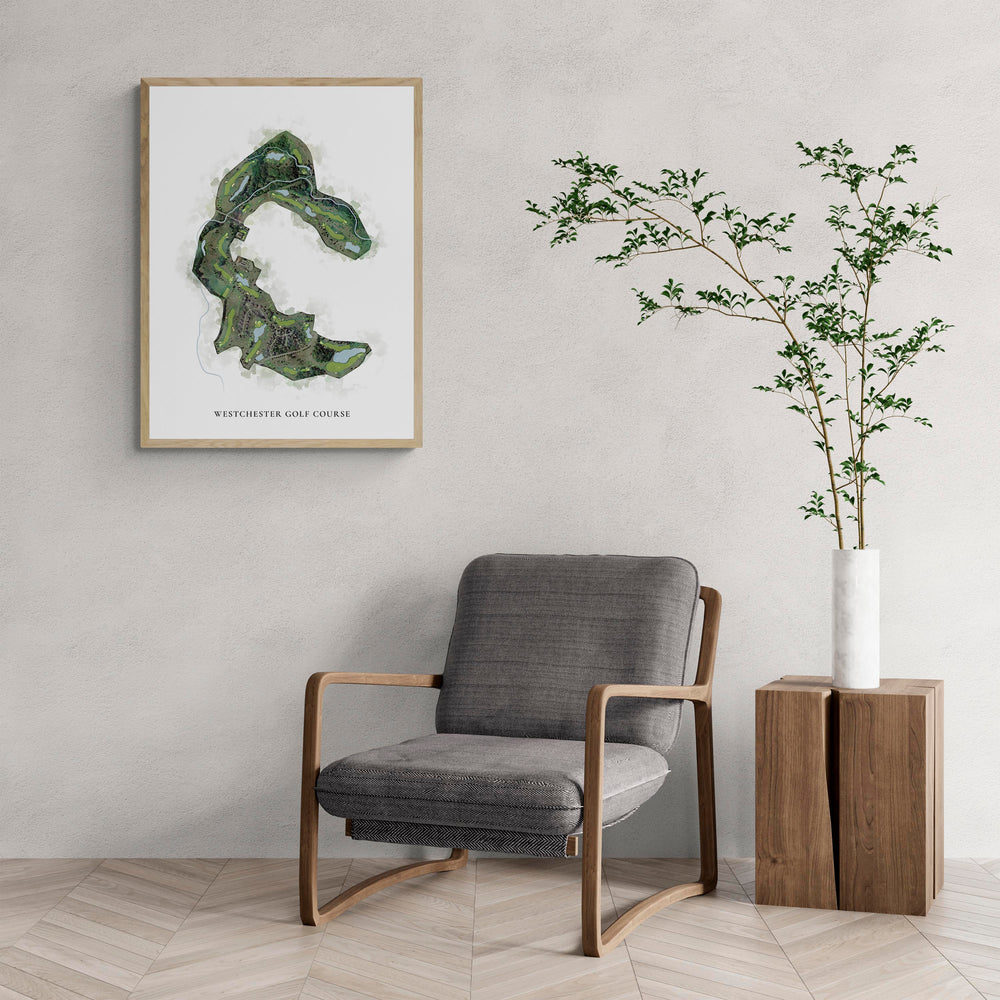 Classic Map of Westchester Golf Course with a comfy armchair and large plant