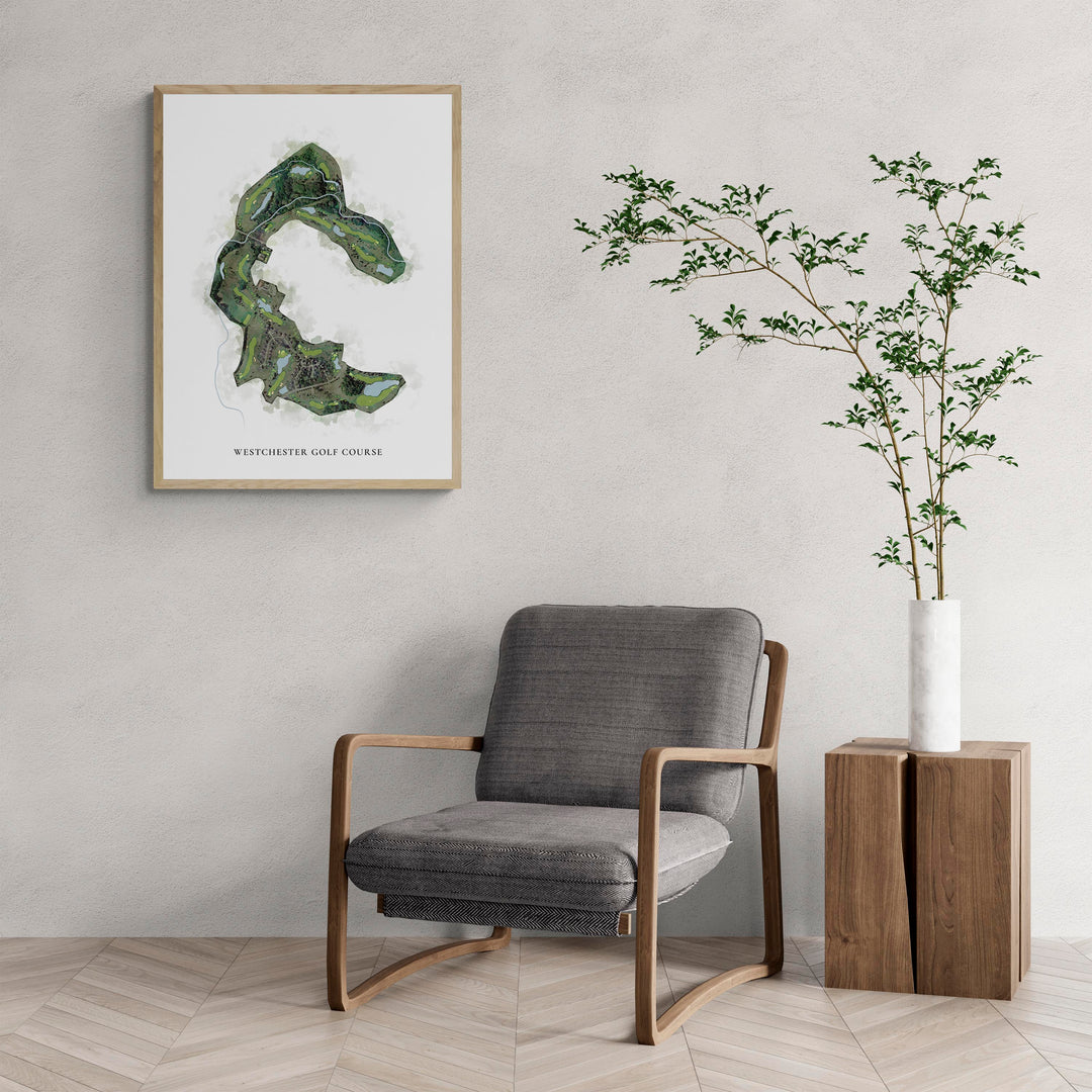 Classic Map of Westchester Golf Course with a comfy armchair and large plant