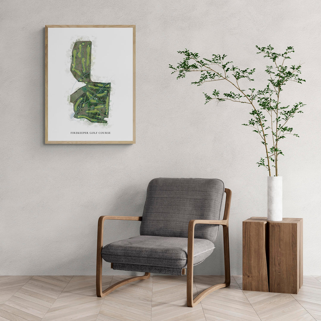 Classic Map of Firekeeper Golf Course with a comfy armchair and large plant