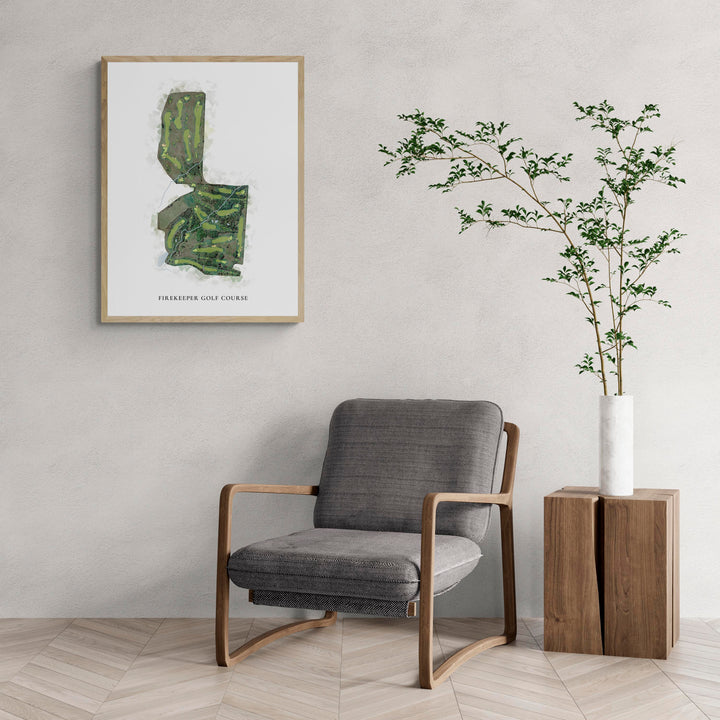 Classic Map of Firekeeper Golf Course with a comfy armchair and large plant