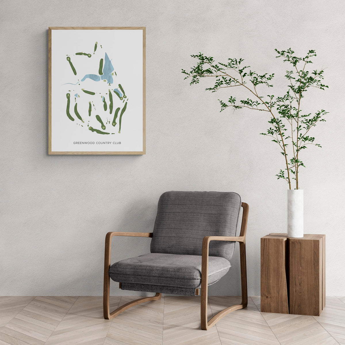 Modern Map of Greenwood Country Club with a comfy armchair and large plant