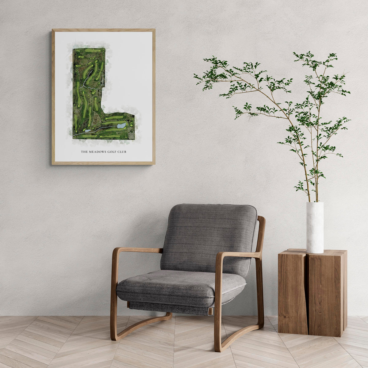Classic Map of The Meadows Golf Club with a comfy armchair and large plant