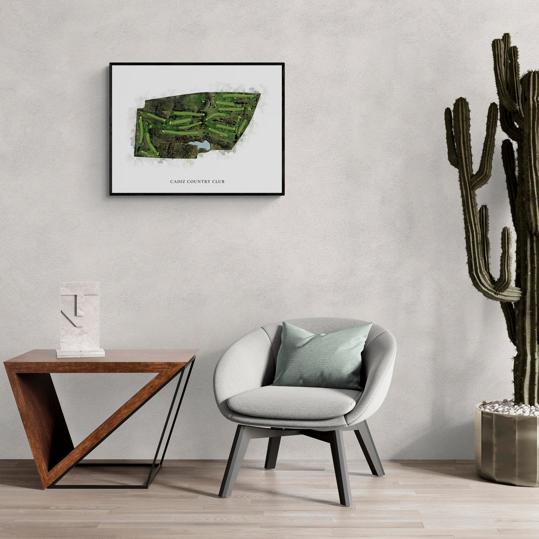 Classic Map of Cadiz Country Club in a living room with large cactus plant