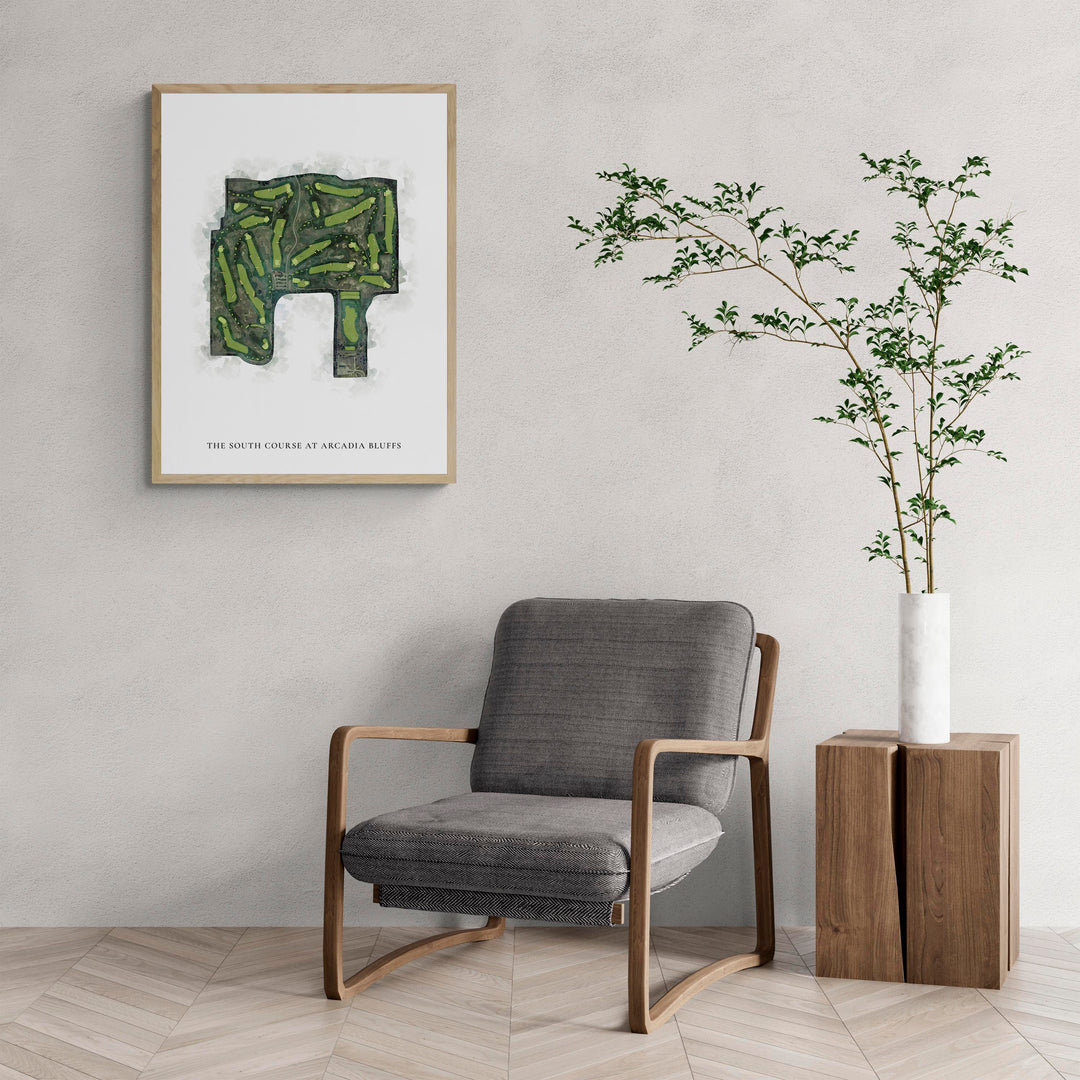 Classic Map of The South Course At Arcadia Bluffs with a comfy armchair and large plant