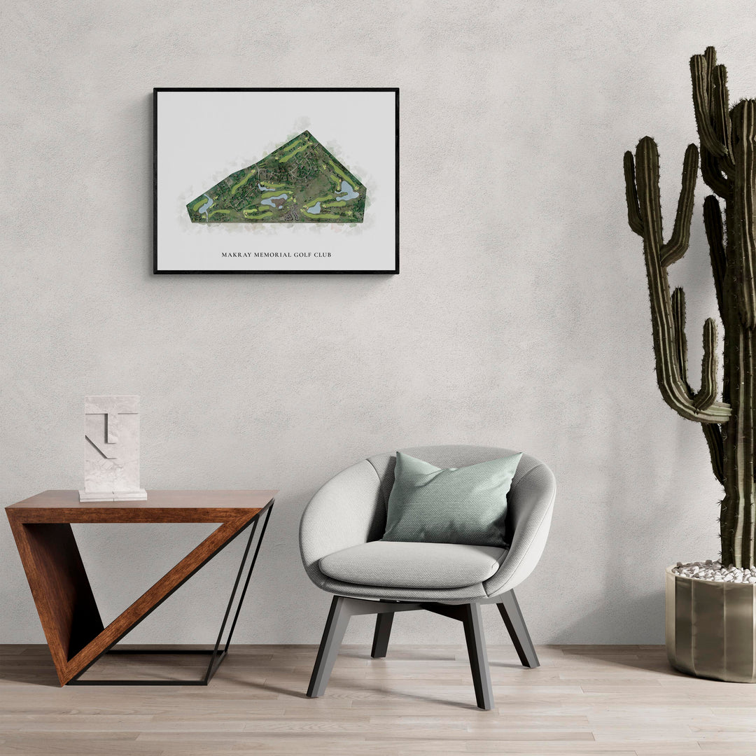 Classic Map of Makray Memorial Golf Club in a living room with large cactus plant