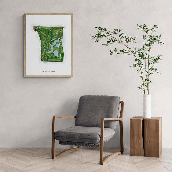 Classic Map of Lido Golf Club with a comfy armchair and large plant