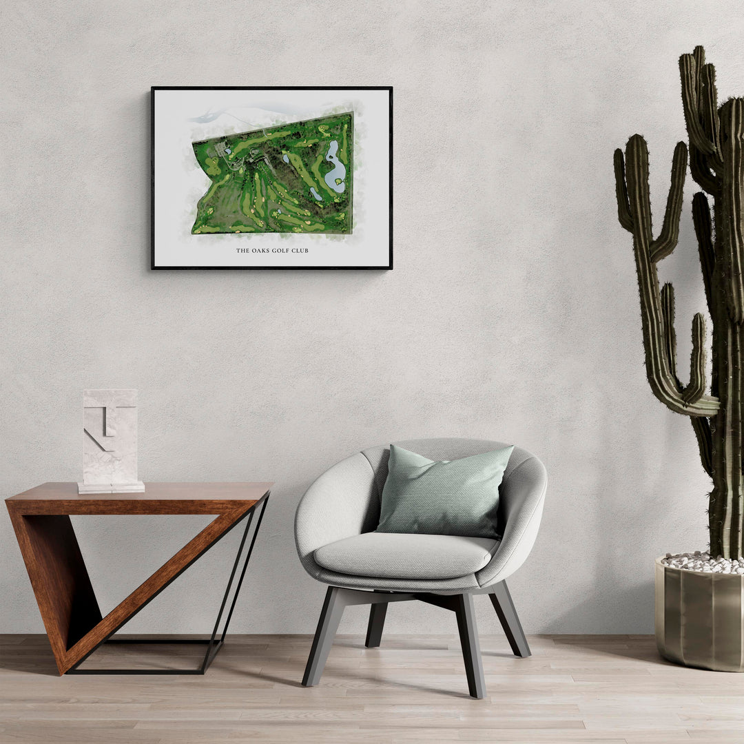 Classic Map of The Oaks Golf Club in a living room with large cactus plant