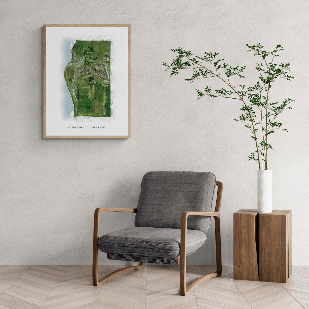Classic Map of Cobble Beach Golf Links with a comfy armchair and large plant