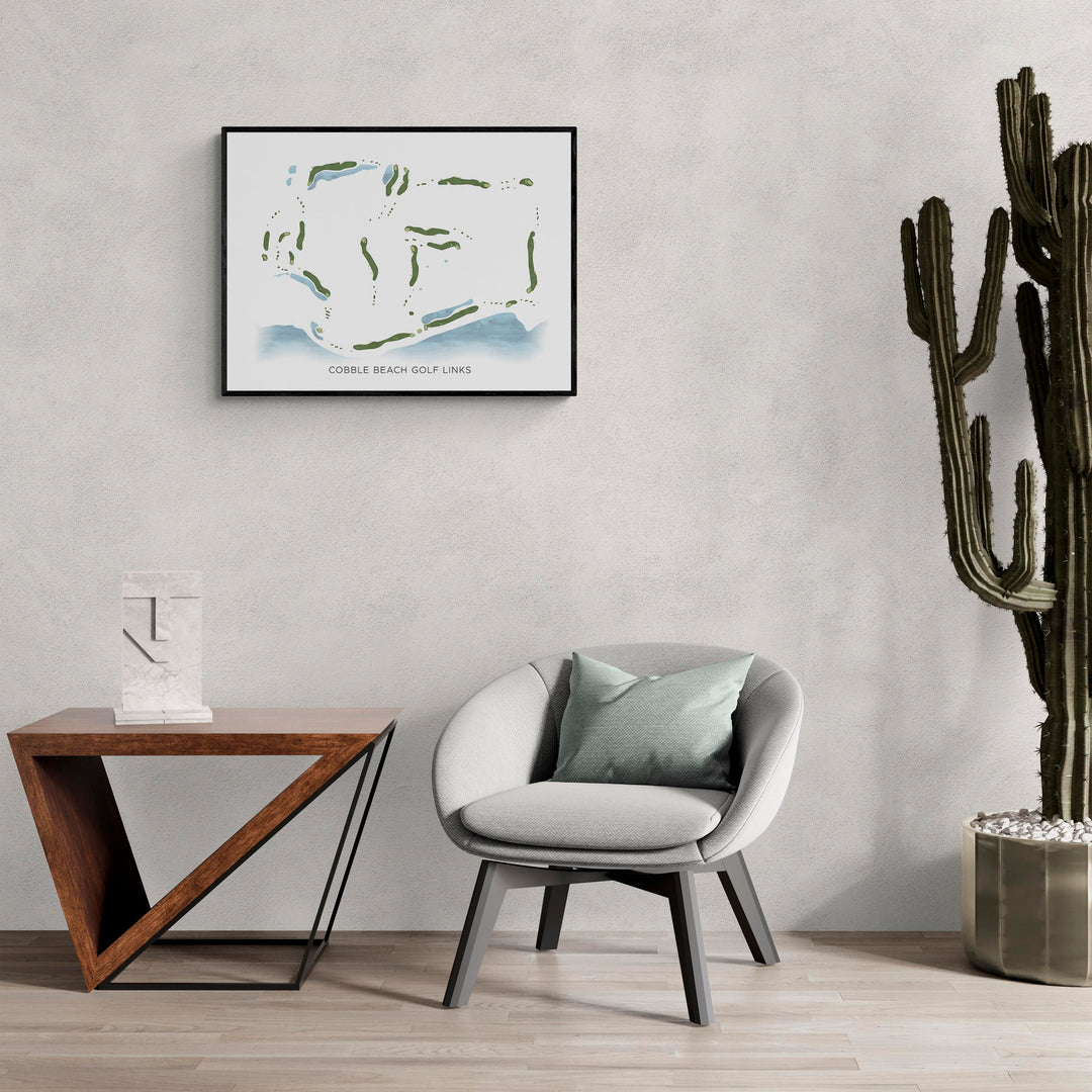 Modern Map of Cobble Beach Golf Links in a living room with large cactus plant