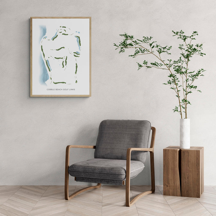 Modern Map of Cobble Beach Golf Links with a comfy armchair and large plant