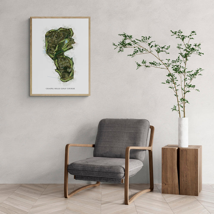 Classic Map of Chapel Hills Golf Course with a comfy armchair and large plant