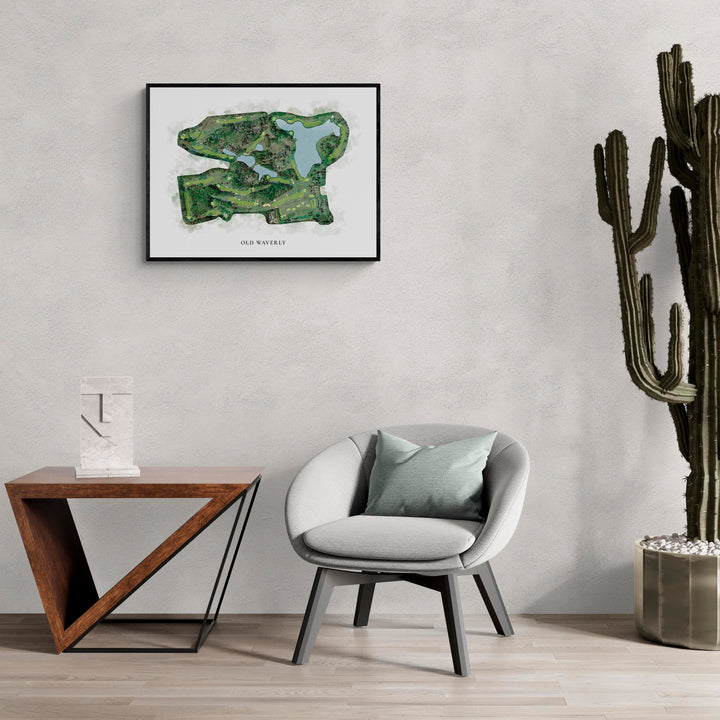 Classic Map of Old Waverly in a living room with large cactus plant