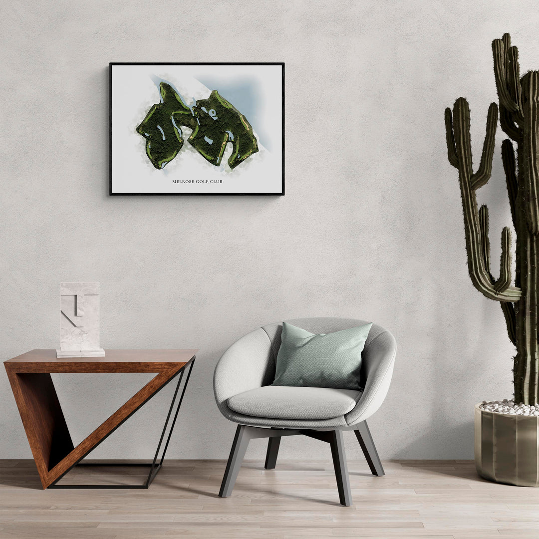 Classic Map of Melrose Golf Club in a living room with large cactus plant