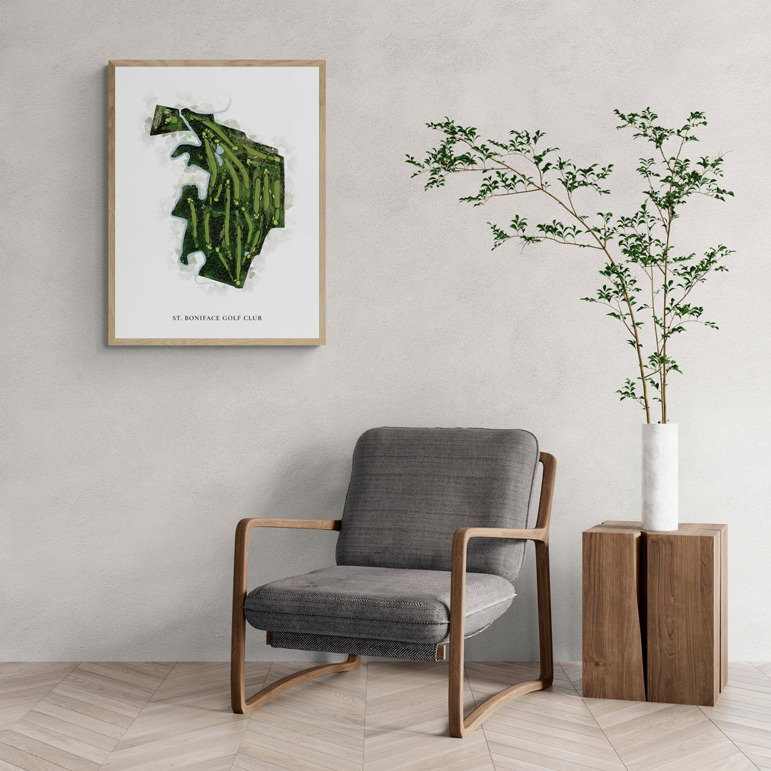 Classic Map of St. Boniface Golf Club with a comfy armchair and large plant
