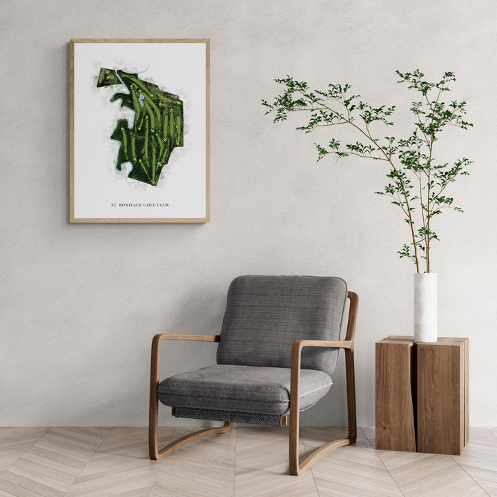 Classic Map of St. Boniface Golf Club with a comfy armchair and large plant