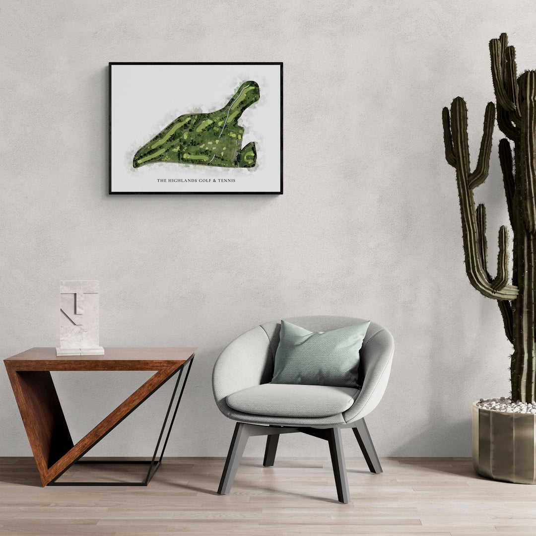 Classic Map of The Highlands Golf &amp; Tennis in a living room with large cactus plant