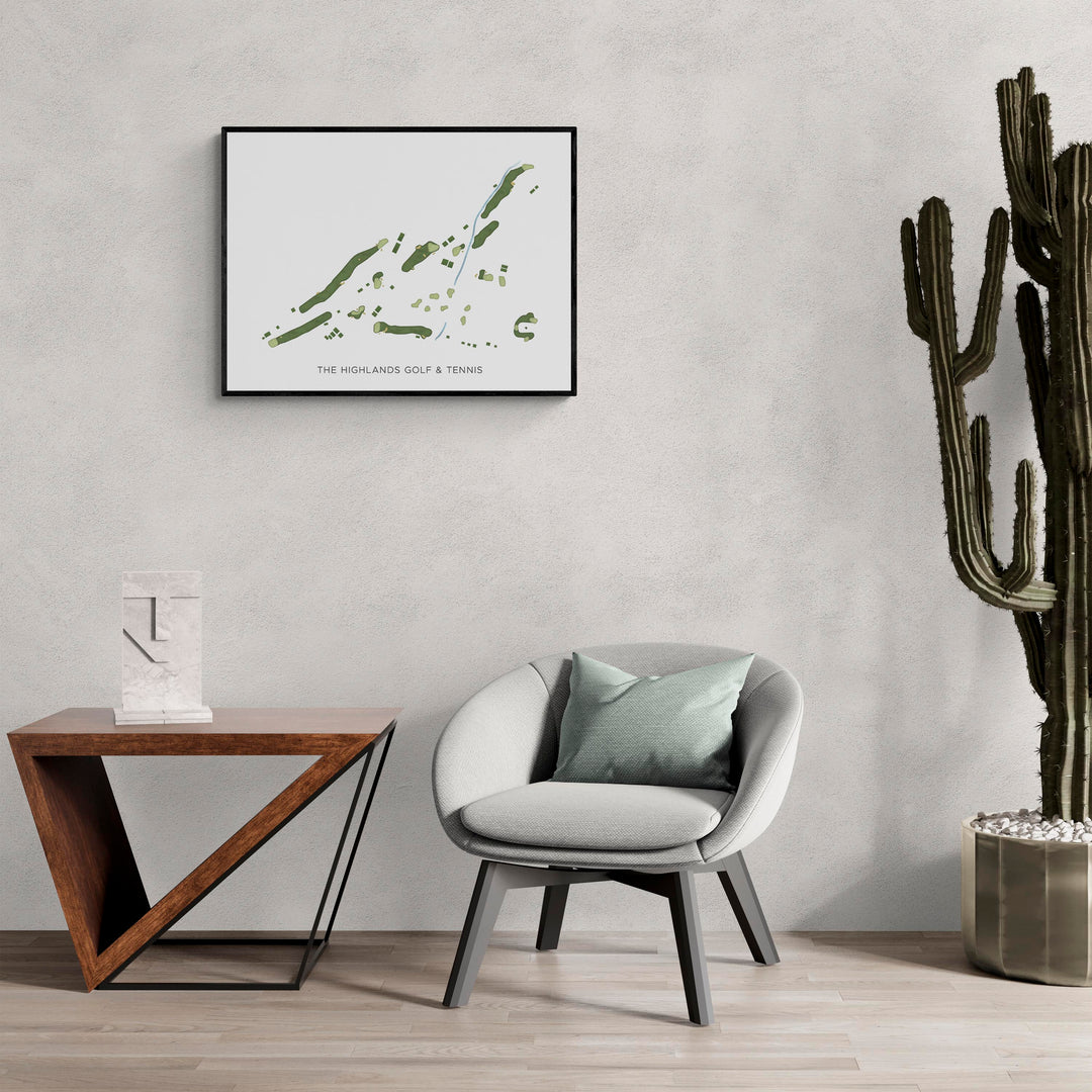 Modern Map of The Highlands Golf &amp; Tennis in a living room with large cactus plant