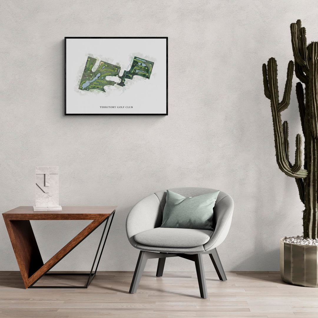 Classic Map of Territory Golf Club in a living room with large cactus plant