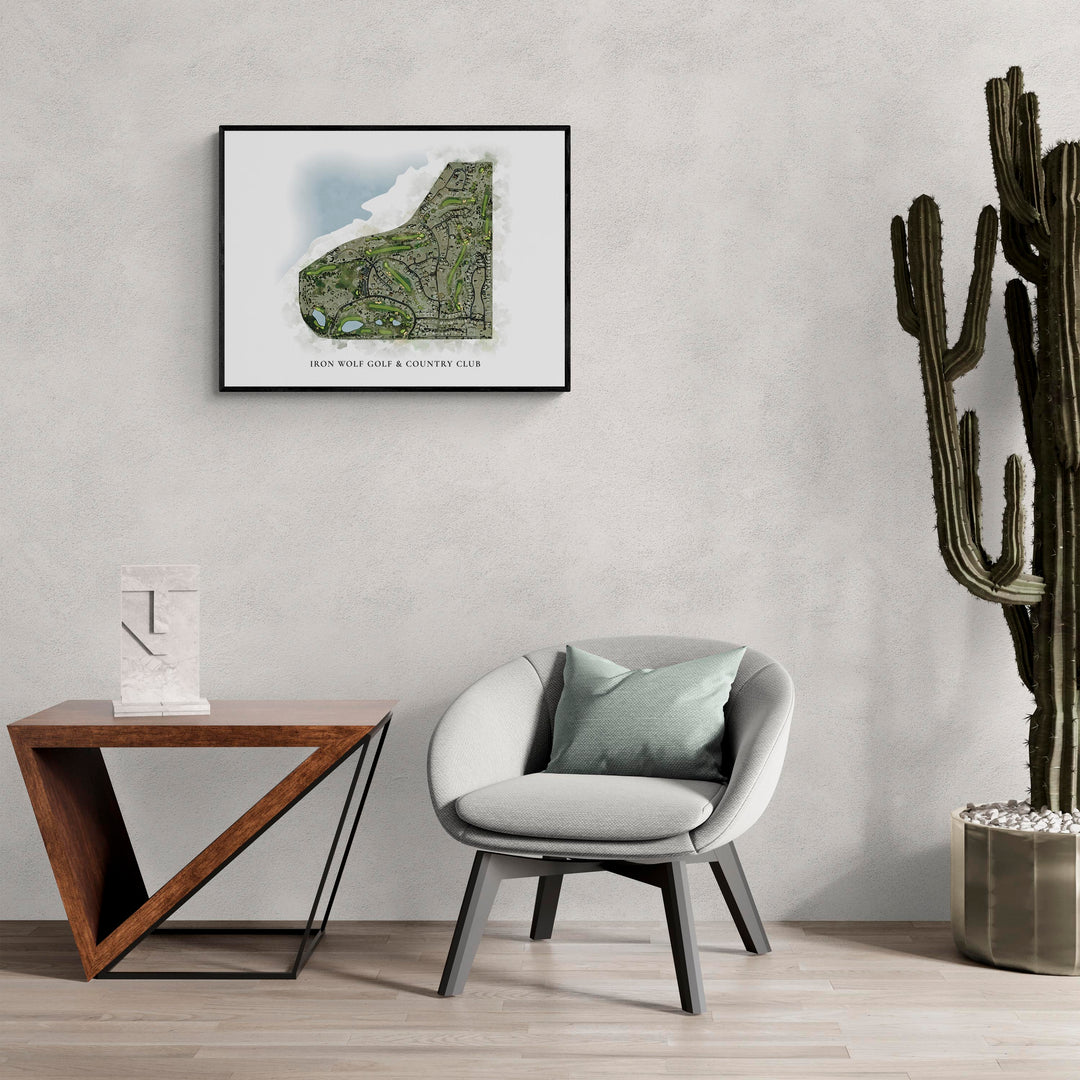 Classic Map of Iron Wolf Golf &amp; Country Club in a living room with large cactus plant