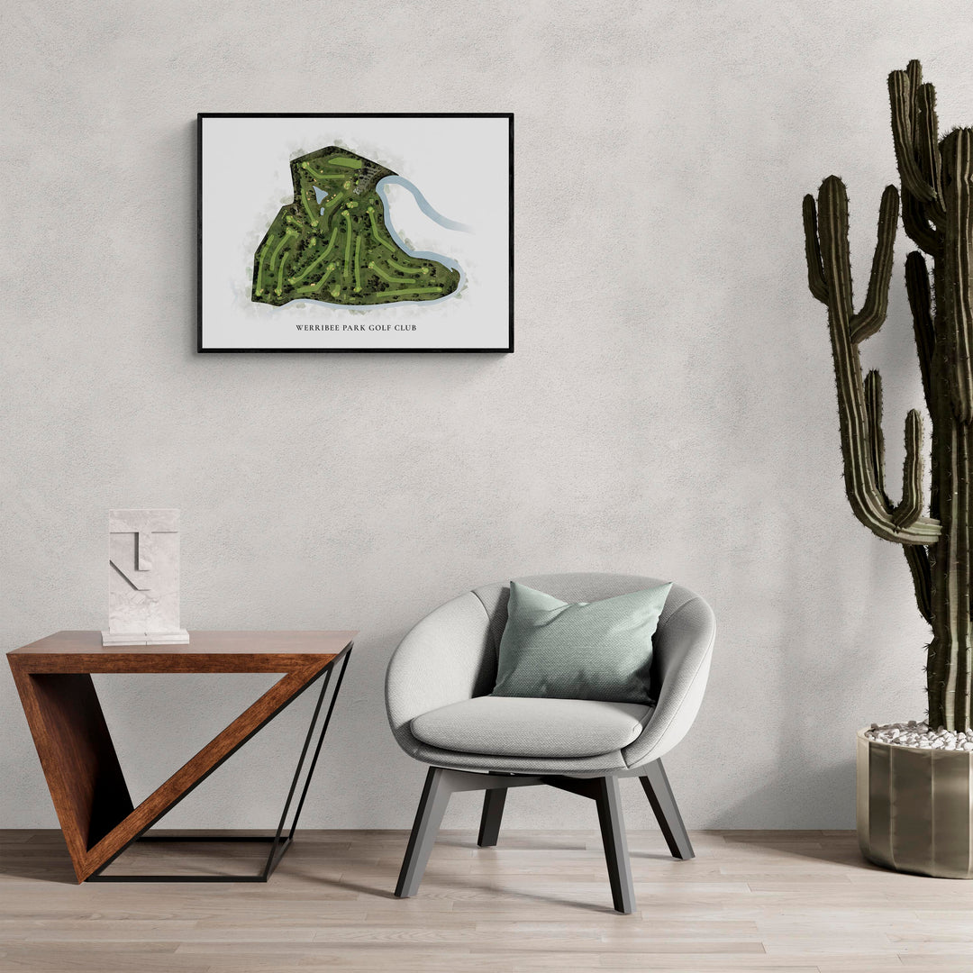 Classic Map of Werribee Park Golf Club in a living room with large cactus plant